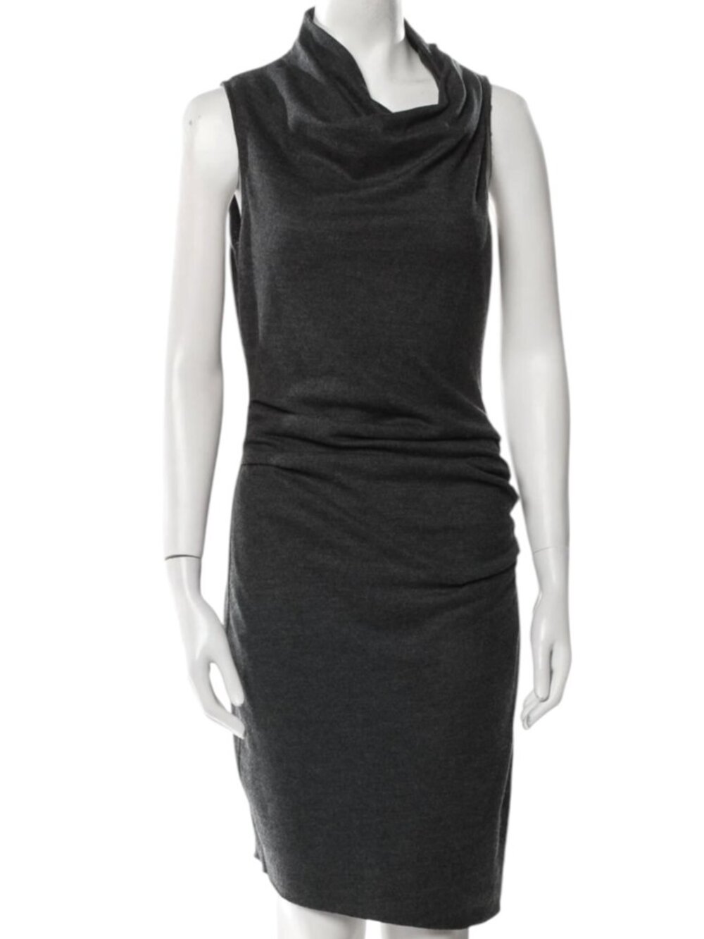 Helmut Lang Wool Knit Dress Ruched Sheath Cowl Neck Sleeveless Gray M